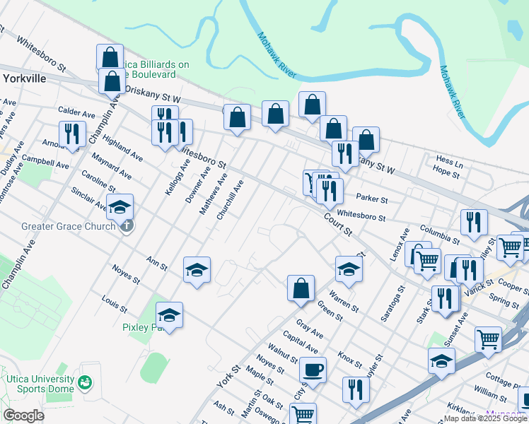 map of restaurants, bars, coffee shops, grocery stores, and more near 919 Cherry St in Utica