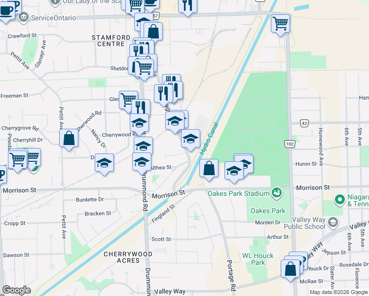 map of restaurants, bars, coffee shops, grocery stores, and more near 4619 Portage Road in Niagara Falls