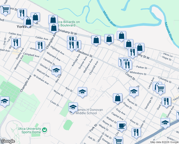 map of restaurants, bars, coffee shops, grocery stores, and more near 1002 Churchill Avenue in Utica