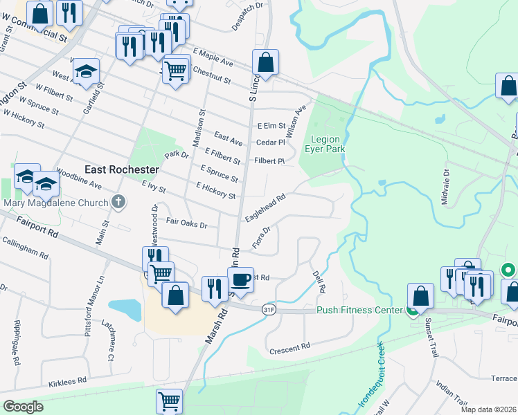 map of restaurants, bars, coffee shops, grocery stores, and more near in East Rochester
