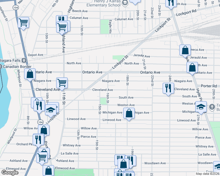 map of restaurants, bars, coffee shops, grocery stores, and more near 2011 16th Street in Niagara Falls