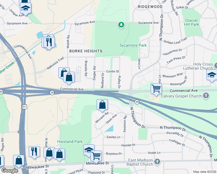 map of restaurants, bars, coffee shops, grocery stores, and more near 702 Bewick Drive in Madison