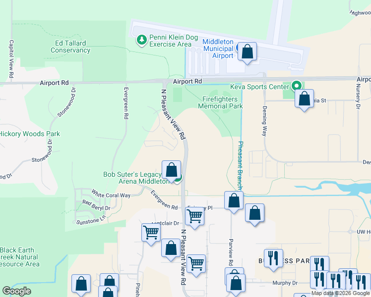 map of restaurants, bars, coffee shops, grocery stores, and more near 2438 Pleasant View Road in Middleton