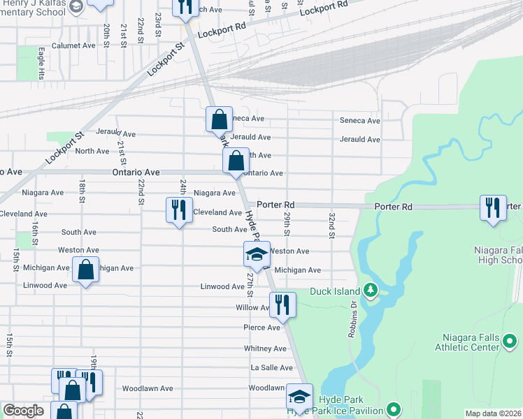 map of restaurants, bars, coffee shops, grocery stores, and more near 1941 Hyde Park Boulevard in Niagara Falls