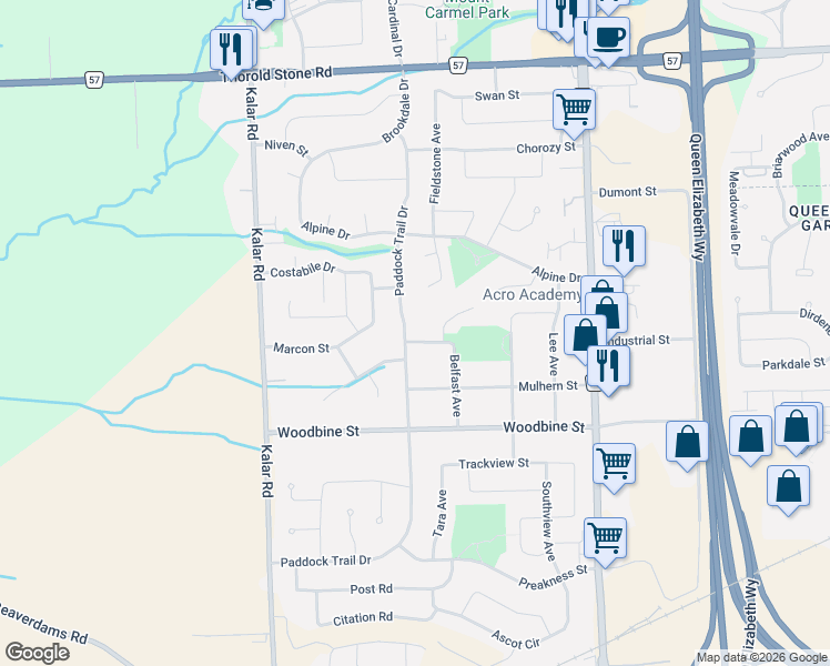 map of restaurants, bars, coffee shops, grocery stores, and more near 7929 Fleming Drive in Niagara Falls
