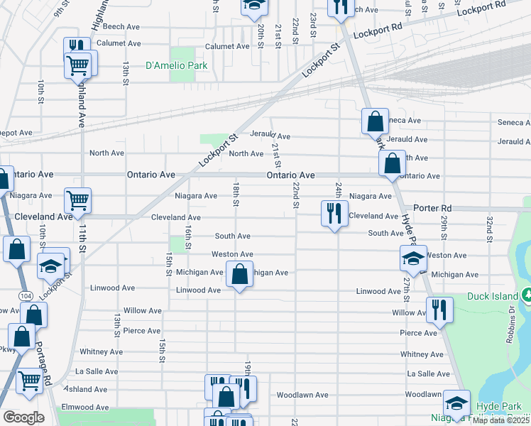 map of restaurants, bars, coffee shops, grocery stores, and more near 1848 Cleveland Avenue in Niagara Falls