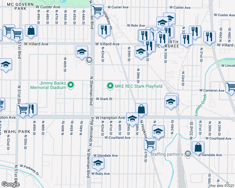 map of restaurants, bars, coffee shops, grocery stores, and more near 4921 North 40th Street in Milwaukee
