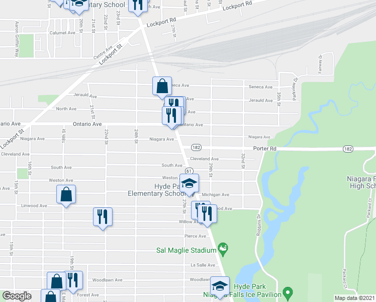 map of restaurants, bars, coffee shops, grocery stores, and more near 1941 Hyde Park Boulevard in Niagara Falls