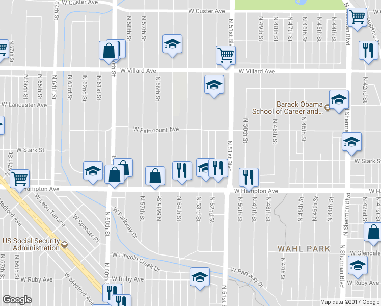 map of restaurants, bars, coffee shops, grocery stores, and more near 4916-4918 North 54th Street in Milwaukee