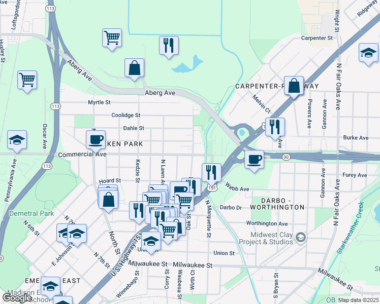 map of restaurants, bars, coffee shops, grocery stores, and more near 2860 Commercial Avenue in Madison