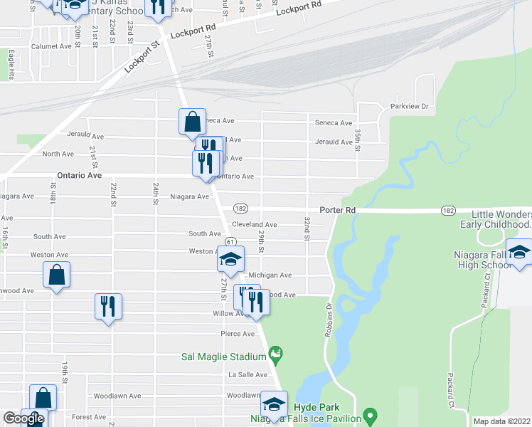 map of restaurants, bars, coffee shops, grocery stores, and more near 2907 Porter Road in Niagara Falls