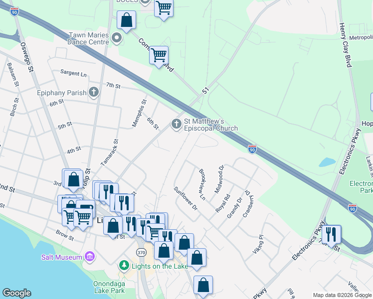 map of restaurants, bars, coffee shops, grocery stores, and more near 551 Sunflower Drive in Liverpool