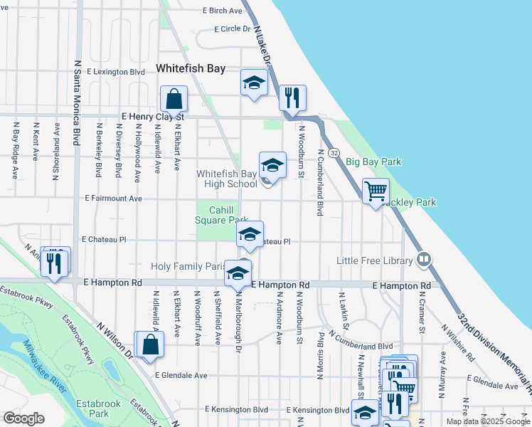 map of restaurants, bars, coffee shops, grocery stores, and more near 4954 North Wildwood Avenue in Whitefish Bay