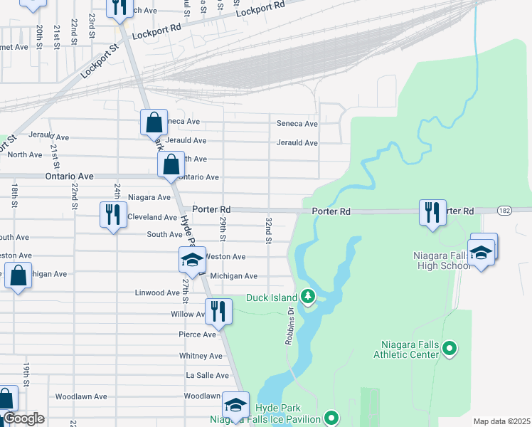 map of restaurants, bars, coffee shops, grocery stores, and more near 2967 New York 182 in Niagara Falls