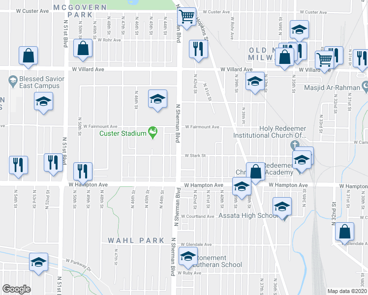 map of restaurants, bars, coffee shops, grocery stores, and more near 4920 North Sherman Boulevard in Milwaukee