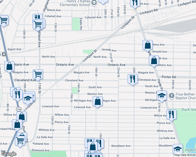 map of restaurants, bars, coffee shops, grocery stores, and more near 2009 18th Street in Niagara Falls