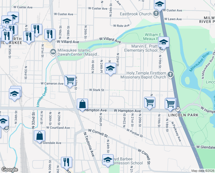 map of restaurants, bars, coffee shops, grocery stores, and more near 4915 North 24th Street in Milwaukee