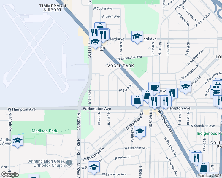 map of restaurants, bars, coffee shops, grocery stores, and more near 4900 North 89th Street in Milwaukee
