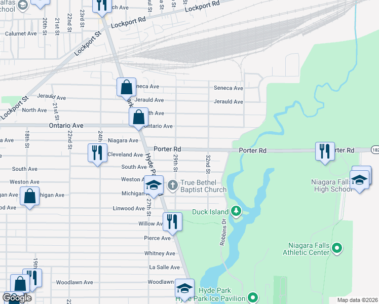 map of restaurants, bars, coffee shops, grocery stores, and more near 2929 Porter Rd in Niagara Falls