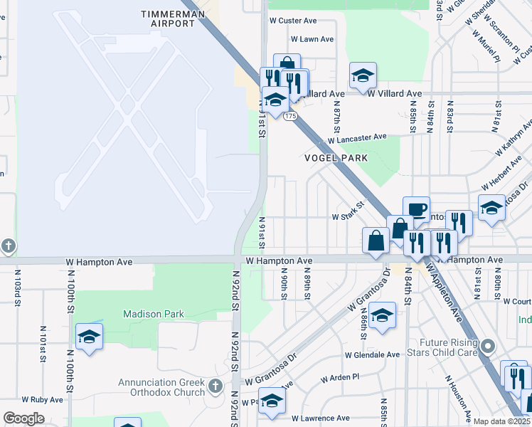map of restaurants, bars, coffee shops, grocery stores, and more near 4904 North 91st Street in Milwaukee