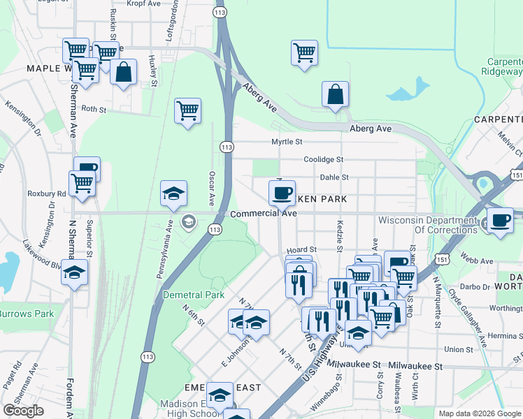 map of restaurants, bars, coffee shops, grocery stores, and more near 2452 Commercial Avenue in Madison
