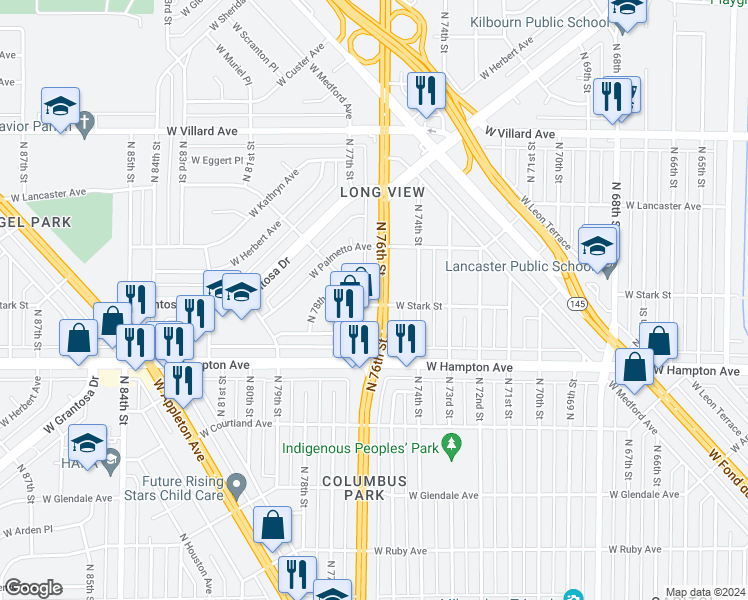 map of restaurants, bars, coffee shops, grocery stores, and more near 4901 North 76th Street in Milwaukee