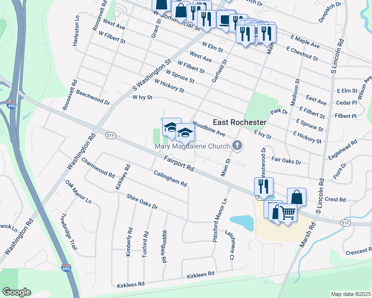 map of restaurants, bars, coffee shops, grocery stores, and more near 400 Woodbine Avenue in East Rochester