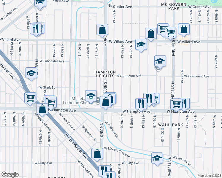 map of restaurants, bars, coffee shops, grocery stores, and more near 4915 North 58th Street in Milwaukee