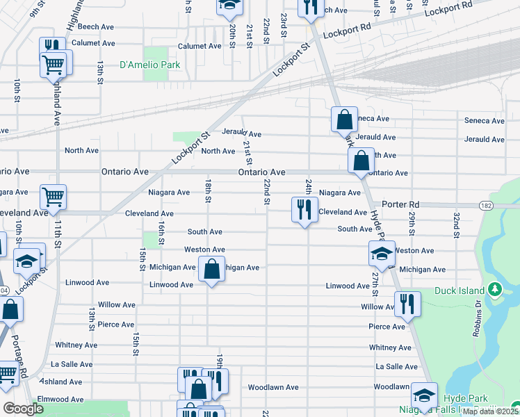 map of restaurants, bars, coffee shops, grocery stores, and more near 1886 Cleveland Ave in Niagara Falls