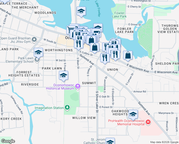 map of restaurants, bars, coffee shops, grocery stores, and more near 403 South State Street in Oconomowoc