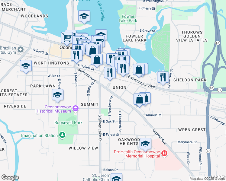map of restaurants, bars, coffee shops, grocery stores, and more near 406 Summit Avenue in Oconomowoc