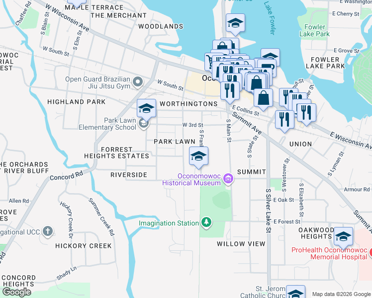 map of restaurants, bars, coffee shops, grocery stores, and more near 417 South Worthington Street in Oconomowoc