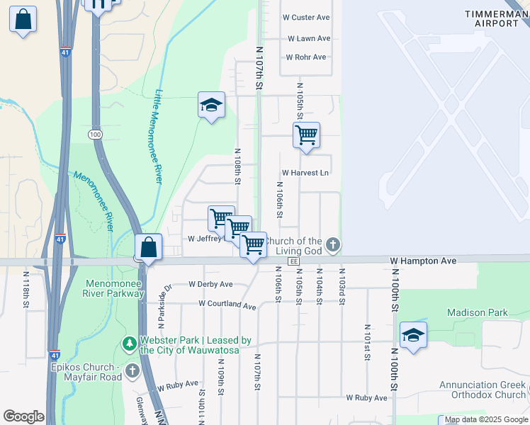 map of restaurants, bars, coffee shops, grocery stores, and more near 4910 North 107th Street in Milwaukee