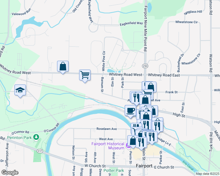map of restaurants, bars, coffee shops, grocery stores, and more near 15 Elm Street in Fairport