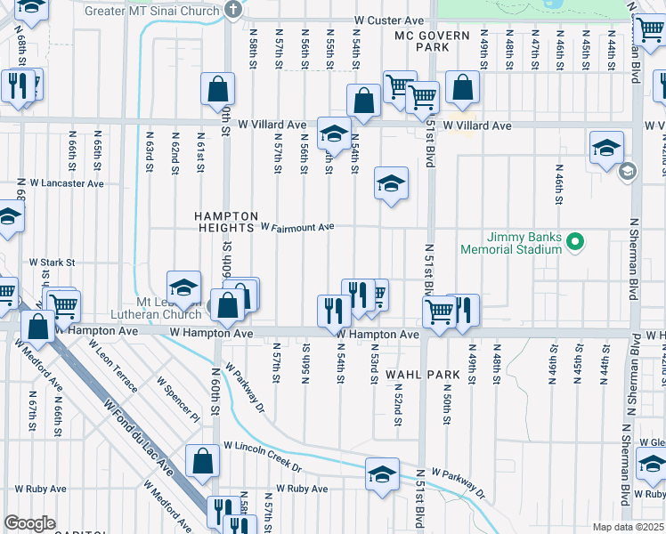map of restaurants, bars, coffee shops, grocery stores, and more near 4916 North 55th Street in Milwaukee
