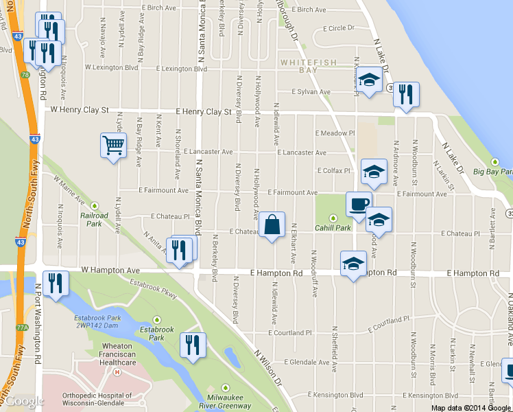 map of restaurants, bars, coffee shops, grocery stores, and more near 4954 N Hollywood Ave in Whitefish Bay