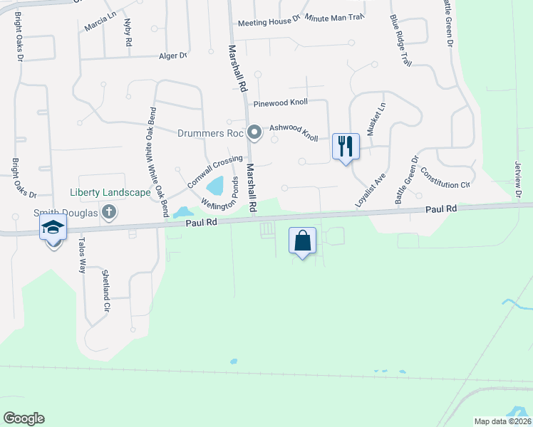 map of restaurants, bars, coffee shops, grocery stores, and more near 442 Paul Road in Rochester