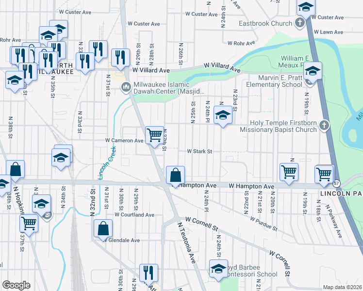 map of restaurants, bars, coffee shops, grocery stores, and more near 4914 North 26th Street in Milwaukee