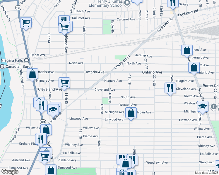 map of restaurants, bars, coffee shops, grocery stores, and more near 2011 16th Street in Niagara Falls