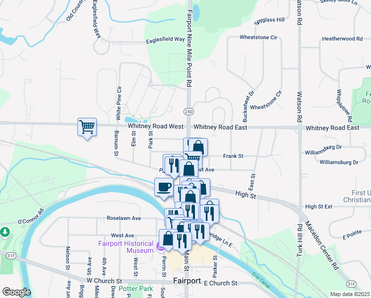 map of restaurants, bars, coffee shops, grocery stores, and more near 2 Deland Park A in Fairport