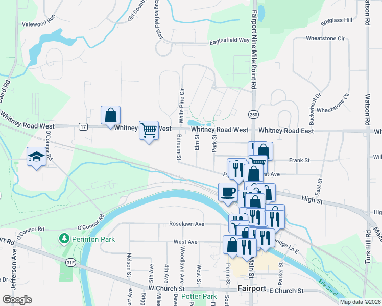 map of restaurants, bars, coffee shops, grocery stores, and more near 16 Elm Street in Fairport