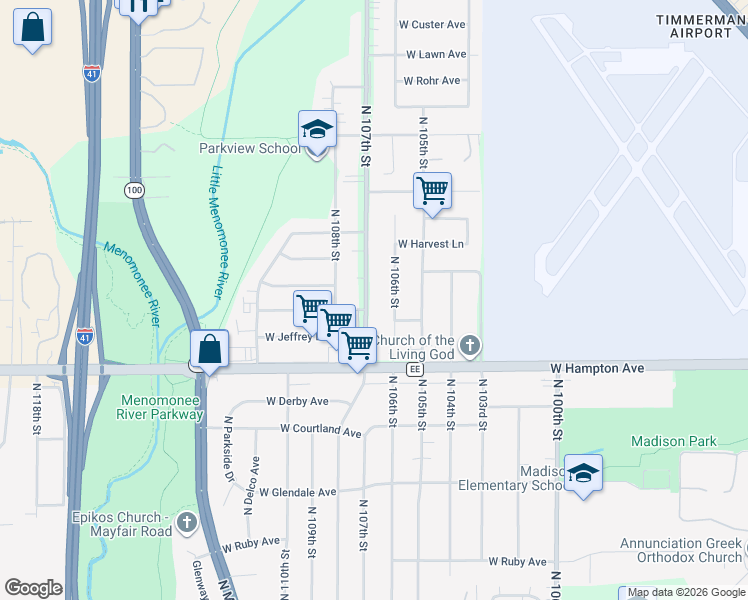 map of restaurants, bars, coffee shops, grocery stores, and more near 4910 North 107th Street in Milwaukee