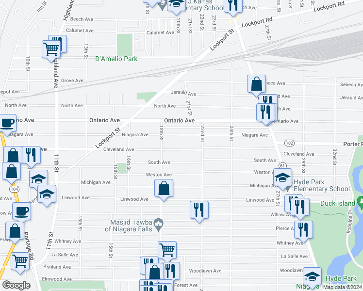 map of restaurants, bars, coffee shops, grocery stores, and more near 1848 Cleveland Avenue in Niagara Falls
