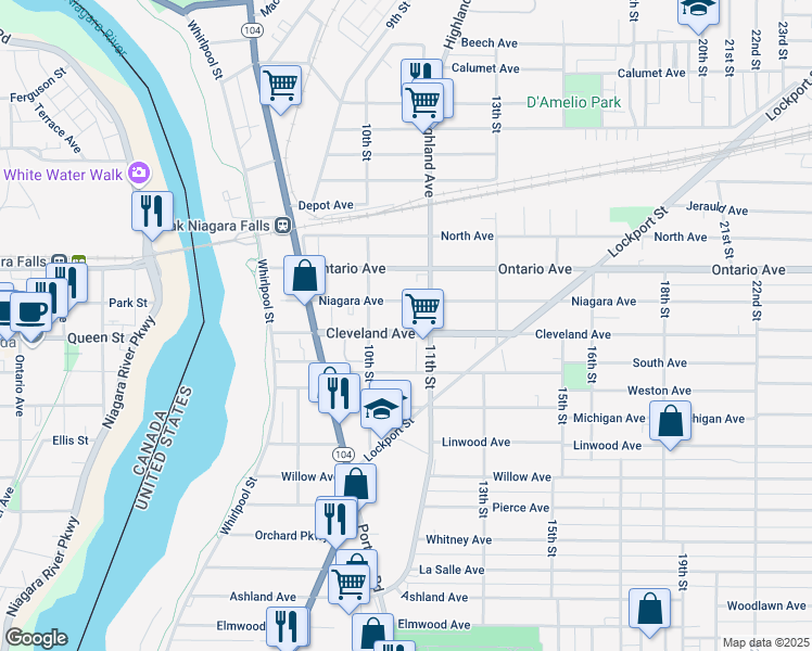 map of restaurants, bars, coffee shops, grocery stores, and more near 1036 Cleveland Avenue in Niagara Falls
