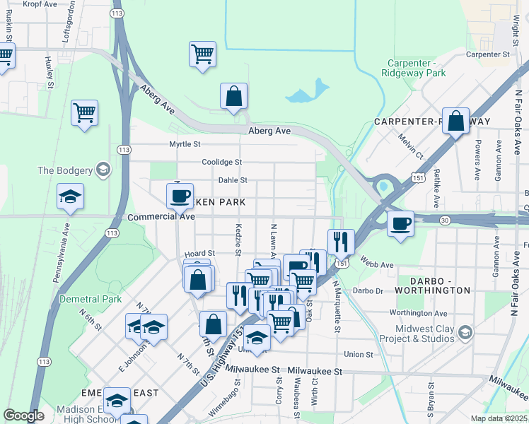 map of restaurants, bars, coffee shops, grocery stores, and more near 2738 Commercial Avenue in Madison