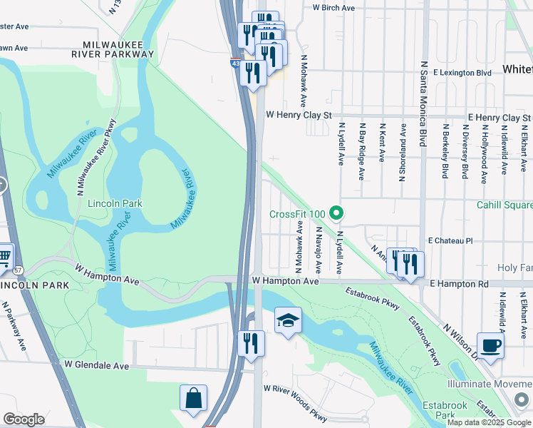 map of restaurants, bars, coffee shops, grocery stores, and more near 4940 North Port Washington Road in Glendale