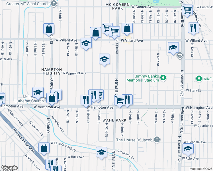 map of restaurants, bars, coffee shops, grocery stores, and more near 4919 North 52nd Street in Milwaukee