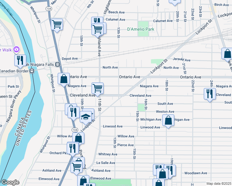 map of restaurants, bars, coffee shops, grocery stores, and more near 1134a New York 182 in Niagara Falls