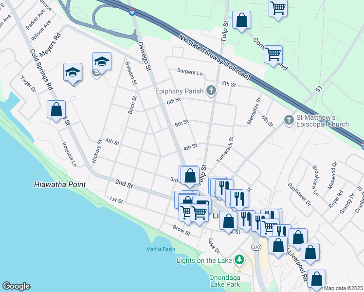map of restaurants, bars, coffee shops, grocery stores, and more near 800 Oswego Street in Liverpool
