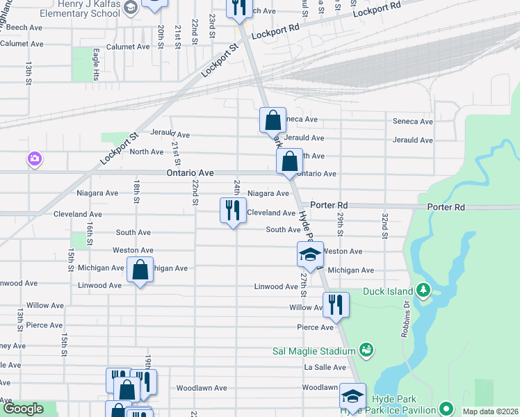 map of restaurants, bars, coffee shops, grocery stores, and more near 2438 Cleveland Avenue in Niagara Falls